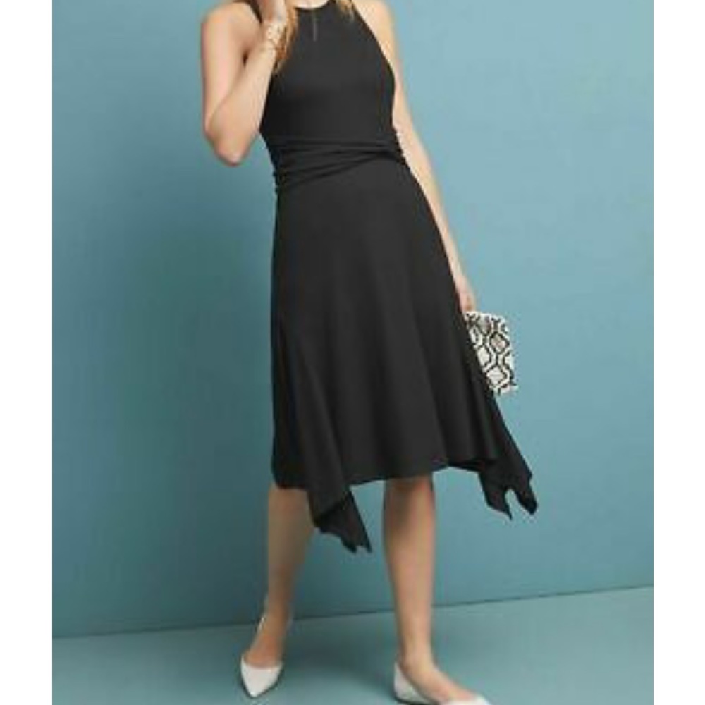 Anthropology Black Ribbed Kingsolver Sleeves High Neck Midi Dress Size‎ XS